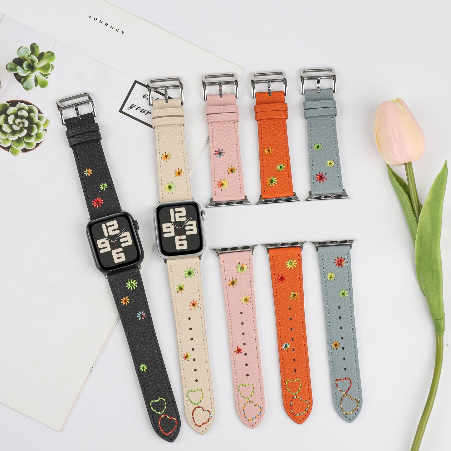【レトロ可愛い】フラワーステッチレザーバンド【アップルウォッチ】