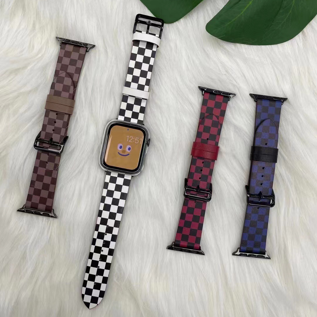 【目を惹く配色】チェッカーパターンレザーバンド【アップルウォッチ】