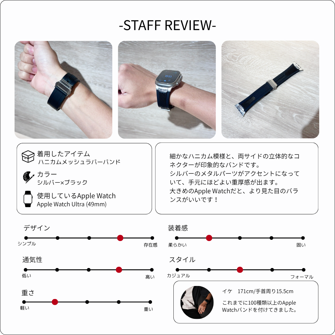 【スポーティーな高級感】ハニカムメッシュラバーバンド【アップルウォッチ】