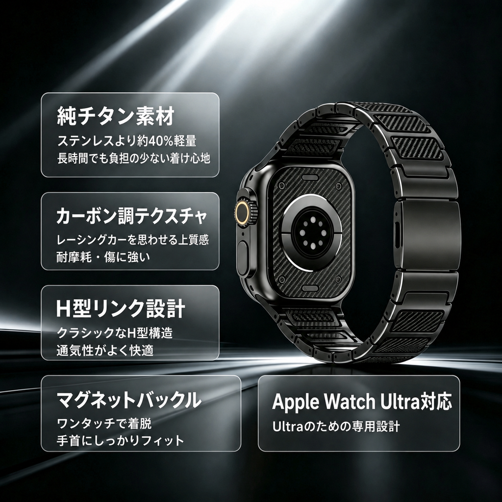 【軽量プレミアム】カーボングリッドチタンバンド【アップルウォッチ】
