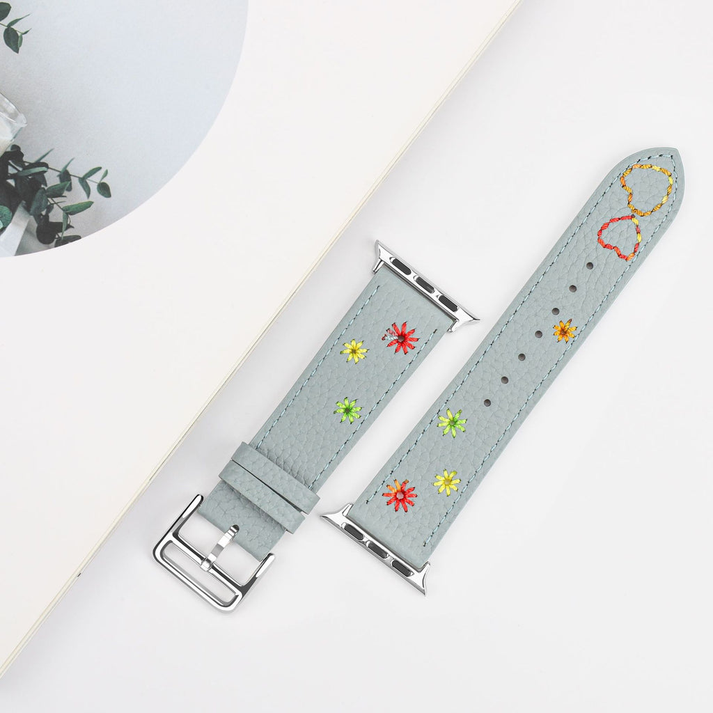 【レトロ可愛い】フラワーステッチレザーバンド【アップルウォッチ】