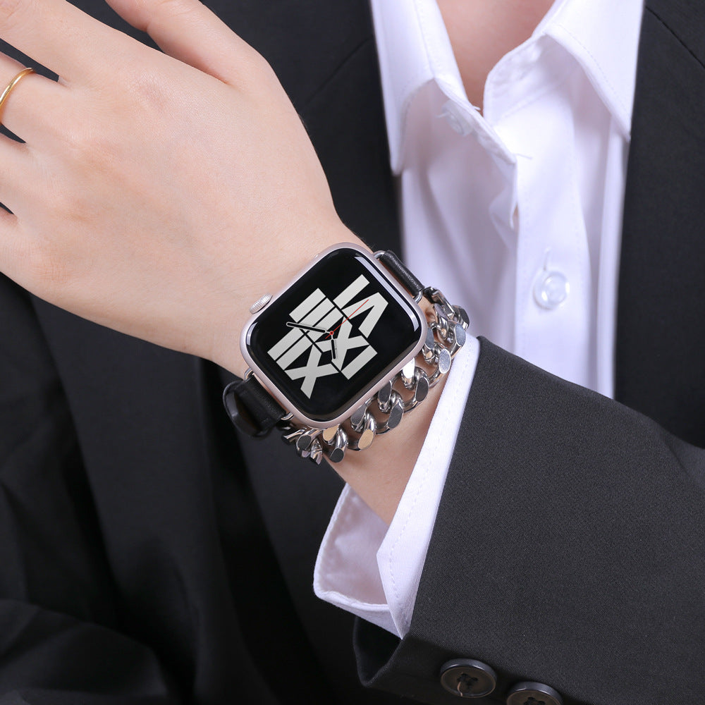 Double-wrapped double-loop leather chain band for Apple Watch